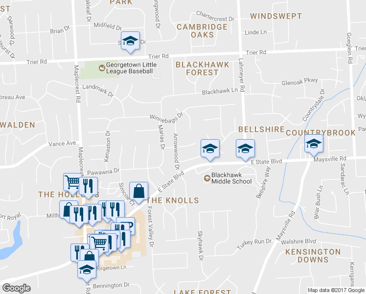 map of restaurants, bars, coffee shops, grocery stores, and more near Piegan Place in Fort Wayne