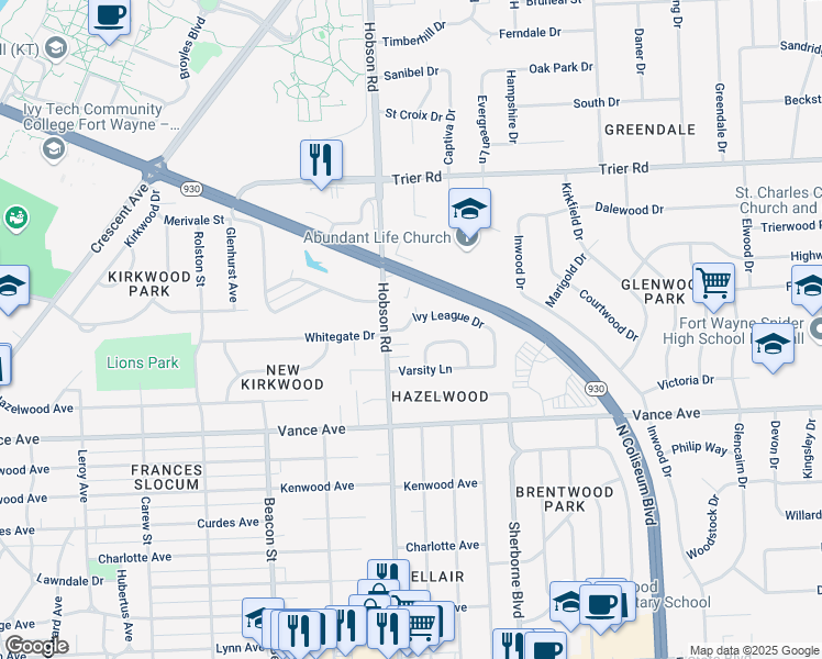 map of restaurants, bars, coffee shops, grocery stores, and more near 3218 Ivy League Drive in Fort Wayne