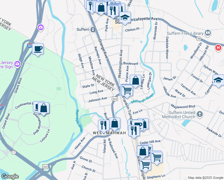 map of restaurants, bars, coffee shops, grocery stores, and more near 90 North Ramapo Avenue in Mahwah