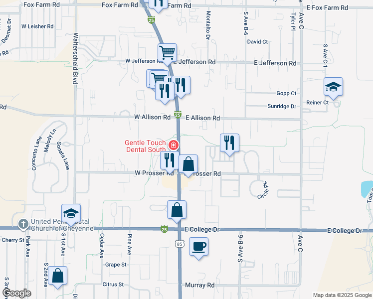 map of restaurants, bars, coffee shops, grocery stores, and more near 1049-1101 South Greeley Highway in Cheyenne