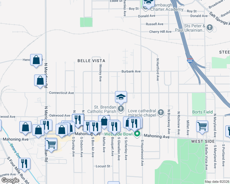 map of restaurants, bars, coffee shops, grocery stores, and more near 404 North Glenellen Avenue in Youngstown