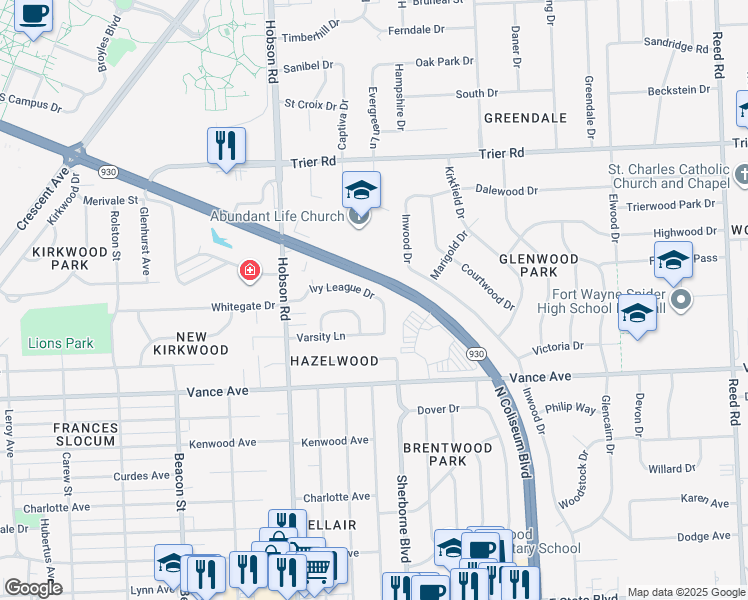 map of restaurants, bars, coffee shops, grocery stores, and more near 3440 Ivy League Ln in Fort Wayne