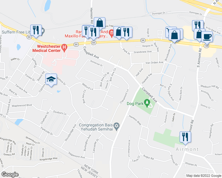 map of restaurants, bars, coffee shops, grocery stores, and more near 16 Bon Aire Circle in Suffern