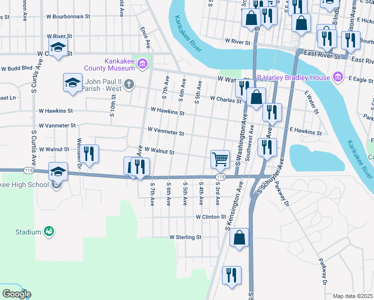 map of restaurants, bars, coffee shops, grocery stores, and more near 1181 South 5th Avenue in Kankakee