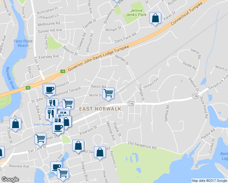 map of restaurants, bars, coffee shops, grocery stores, and more near 1 Woodside Ave in Norwalk