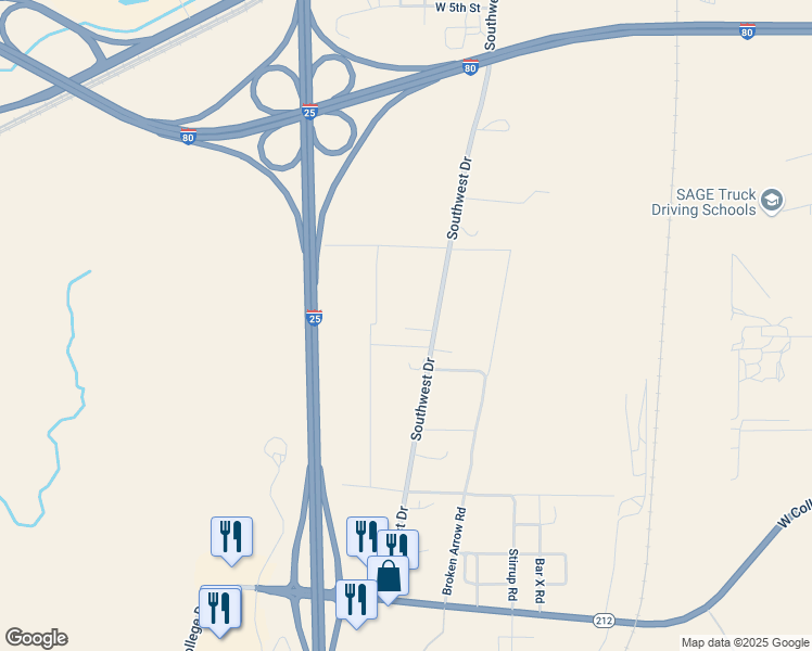 map of restaurants, bars, coffee shops, grocery stores, and more near 1114 Southwest Drive in Cheyenne