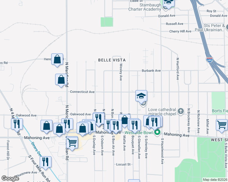 map of restaurants, bars, coffee shops, grocery stores, and more near 401 North Bon Air Avenue in Youngstown