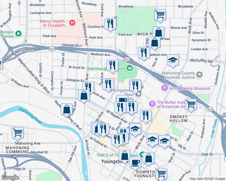 map of restaurants, bars, coffee shops, grocery stores, and more near 1 University Plaza in Youngstown