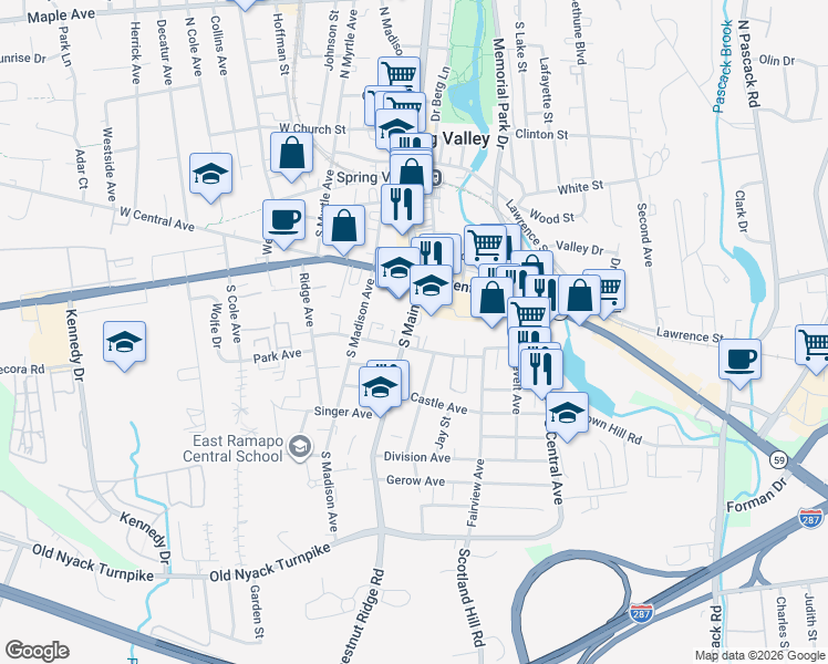 map of restaurants, bars, coffee shops, grocery stores, and more near 52 South Main Street in Spring Valley