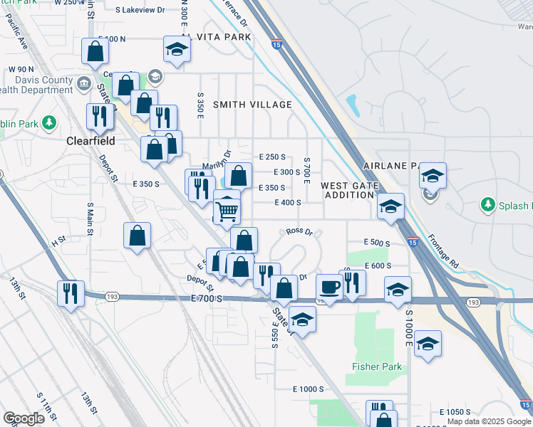 map of restaurants, bars, coffee shops, grocery stores, and more near 547 East 450 South in Clearfield