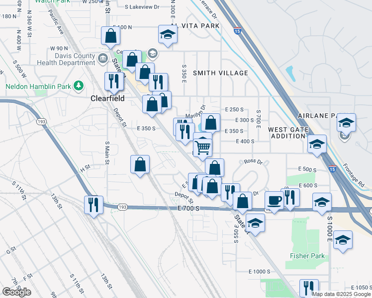 map of restaurants, bars, coffee shops, grocery stores, and more near in Clearfield