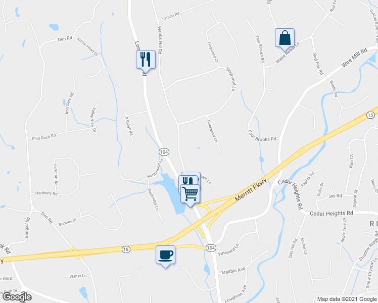 map of restaurants, bars, coffee shops, grocery stores, and more near 109 Webbs Hill Road in Stamford