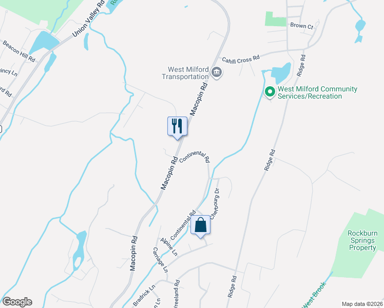 map of restaurants, bars, coffee shops, grocery stores, and more near 107 Continental Road in West Milford