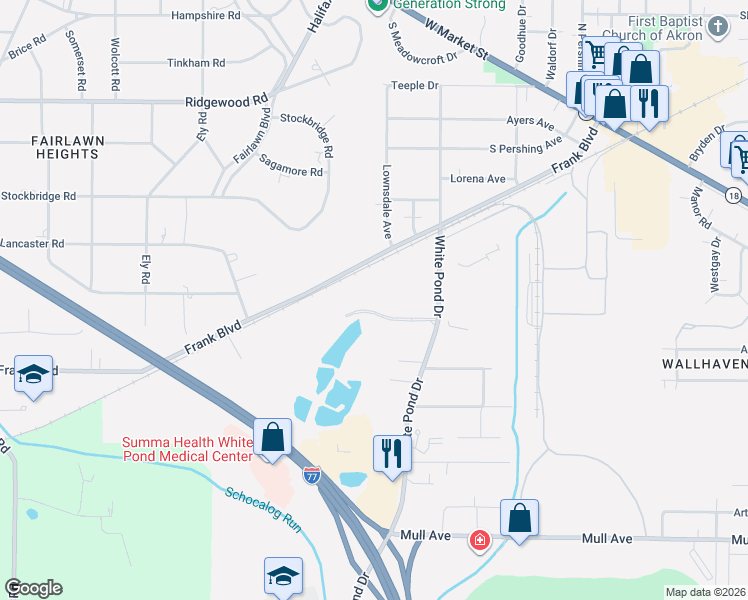 map of restaurants, bars, coffee shops, grocery stores, and more near 300-468 Frank Boulevard in Akron
