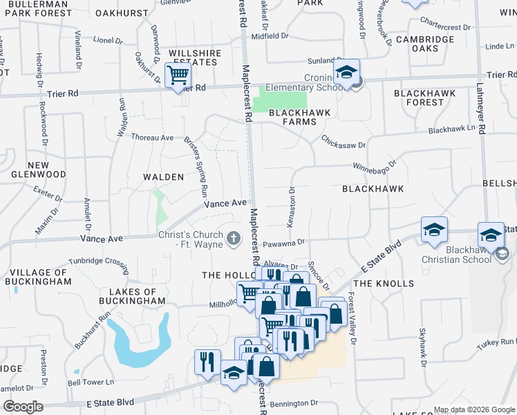map of restaurants, bars, coffee shops, grocery stores, and more near 3100-3298 Maplecrest Road in Fort Wayne
