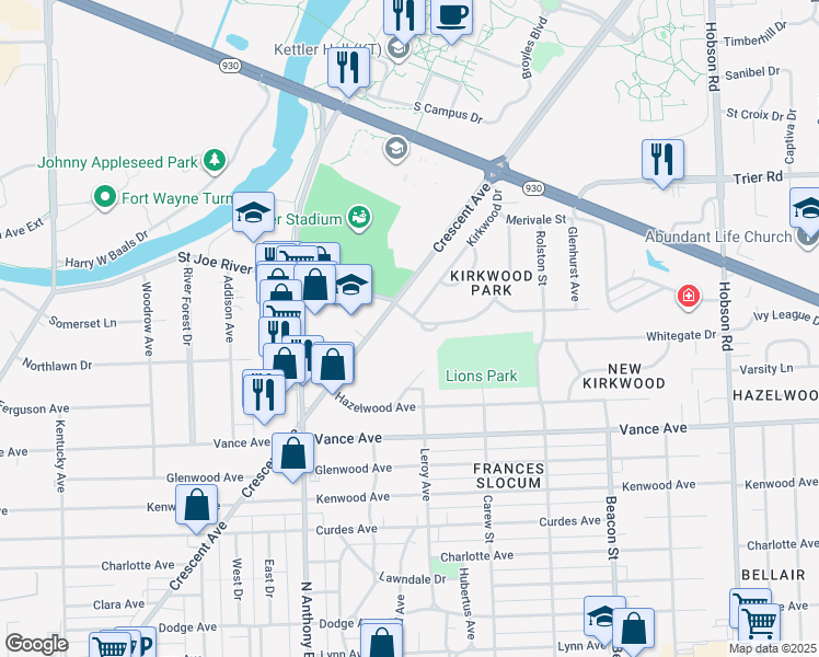map of restaurants, bars, coffee shops, grocery stores, and more near 2120 Springfield Avenue in Fort Wayne