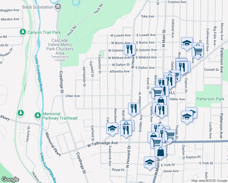 map of restaurants, bars, coffee shops, grocery stores, and more near 812 Aberdeen Street in Akron