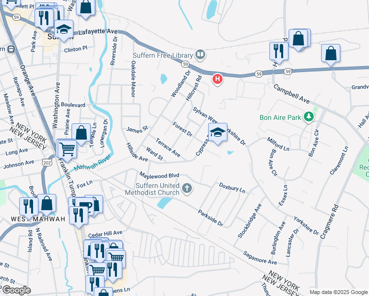 map of restaurants, bars, coffee shops, grocery stores, and more near 17 Beech Road in Suffern