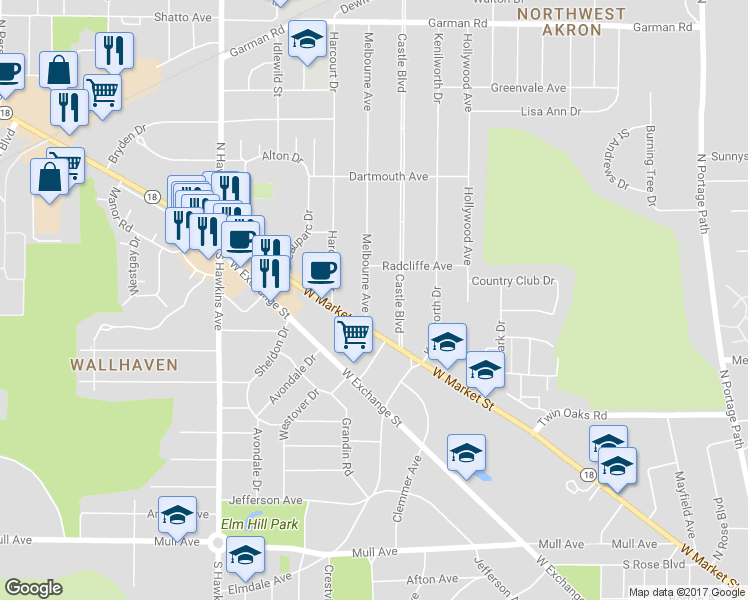 map of restaurants, bars, coffee shops, grocery stores, and more near 33 Melbourne Avenue in Akron