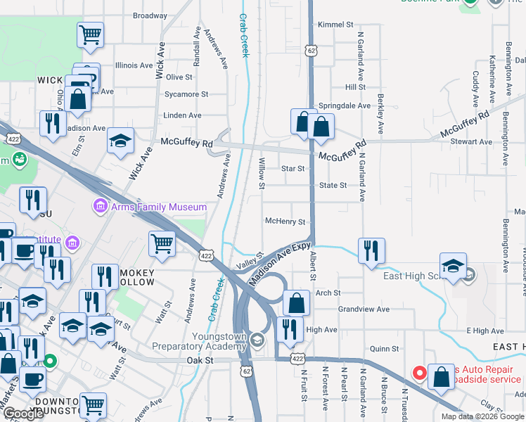 map of restaurants, bars, coffee shops, grocery stores, and more near 912 Mc Henry Street in Youngstown