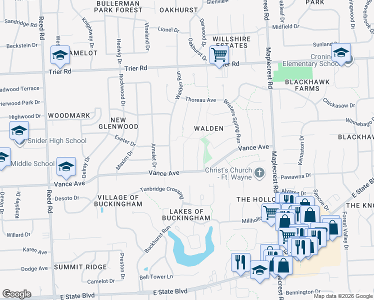 map of restaurants, bars, coffee shops, grocery stores, and more near 3310 Sudbury Place in Fort Wayne