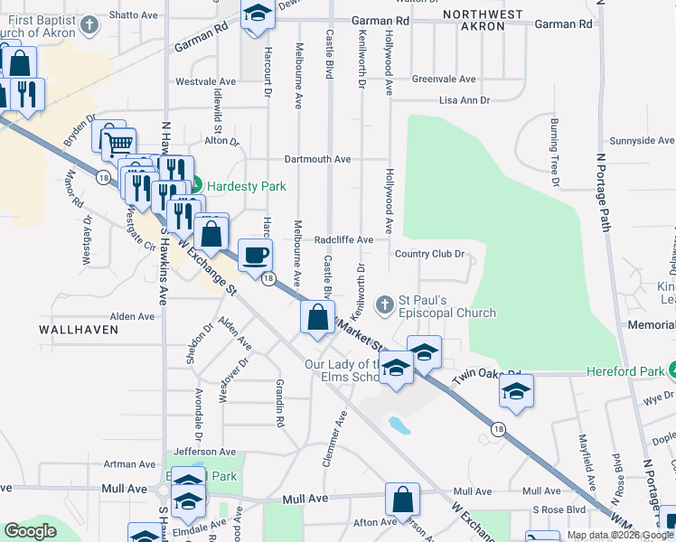 map of restaurants, bars, coffee shops, grocery stores, and more near 57 Castle Boulevard in Akron