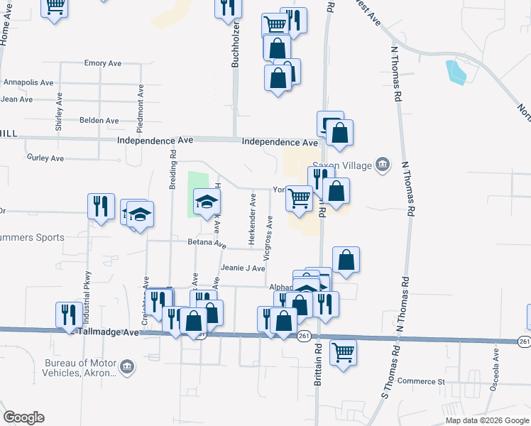 map of restaurants, bars, coffee shops, grocery stores, and more near 1638 Vicgross Avenue in Akron