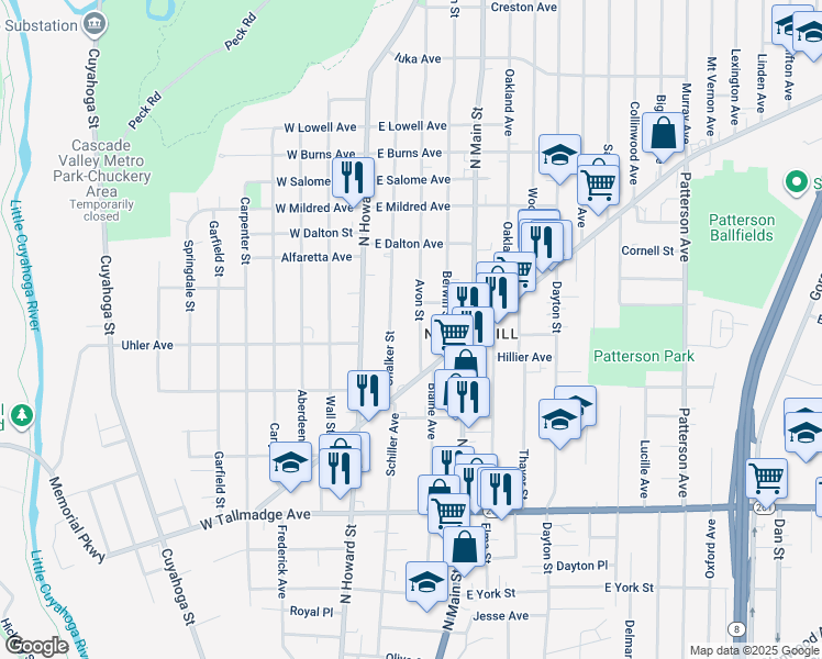 map of restaurants, bars, coffee shops, grocery stores, and more near 814 Avon St in Akron