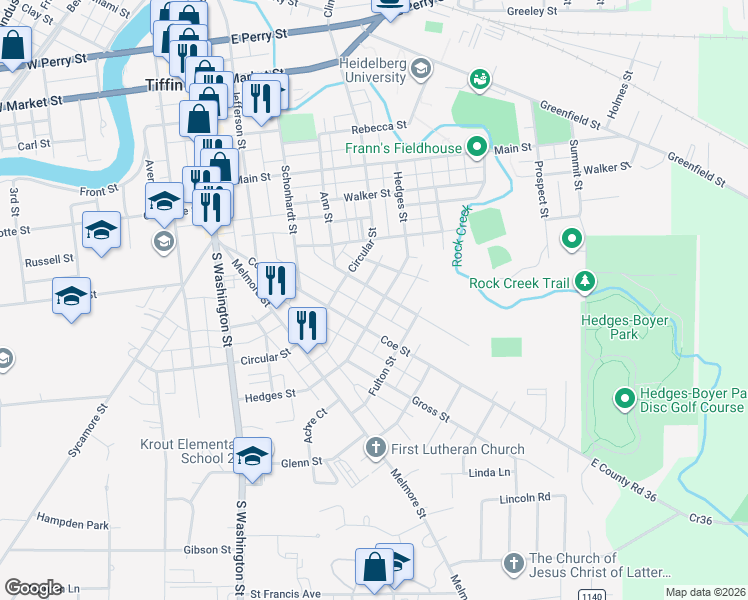 map of restaurants, bars, coffee shops, grocery stores, and more near 350 Hedges Street in Tiffin