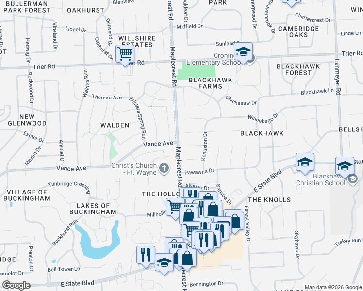 map of restaurants, bars, coffee shops, grocery stores, and more near 3100-3298 Maplecrest Road in Fort Wayne