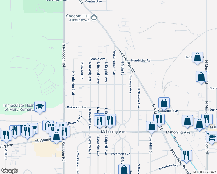 map of restaurants, bars, coffee shops, grocery stores, and more near 175 N Edgehill Ave in Youngstown