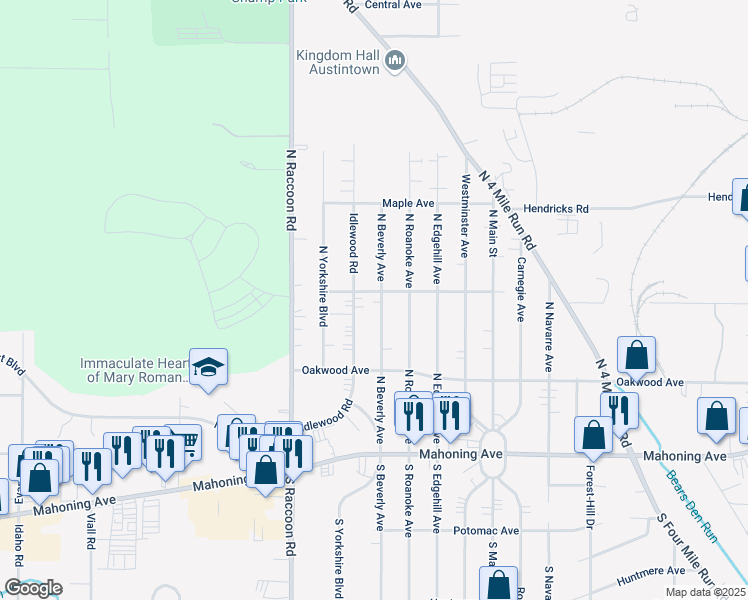map of restaurants, bars, coffee shops, grocery stores, and more near 182 North Beverly Avenue in Youngstown
