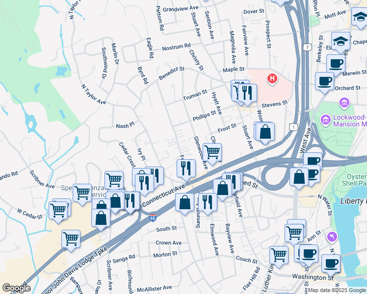 map of restaurants, bars, coffee shops, grocery stores, and more near 28 Ferris Avenue in Norwalk