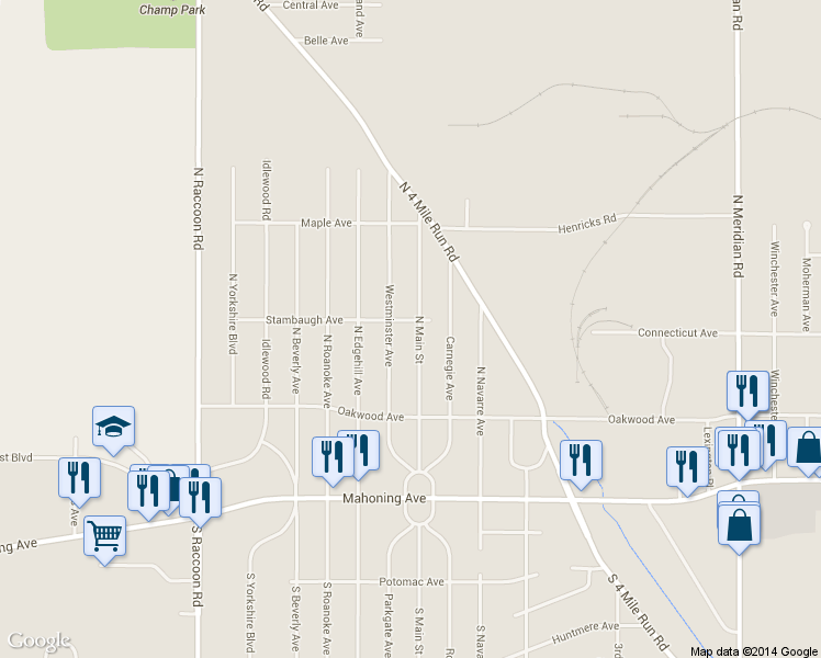 map of restaurants, bars, coffee shops, grocery stores, and more near 192 N Main St in Youngstown