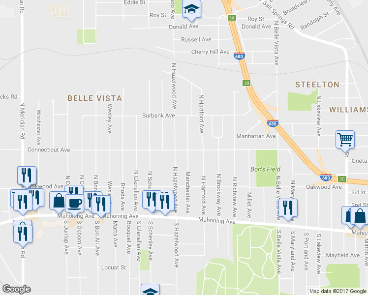 map of restaurants, bars, coffee shops, grocery stores, and more near 408 Manchester Avenue in Youngstown