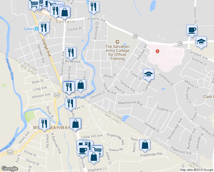 map of restaurants, bars, coffee shops, grocery stores, and more near 30 Hillside Avenue in Suffern