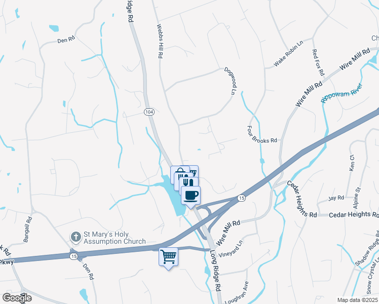 map of restaurants, bars, coffee shops, grocery stores, and more near 109 Webbs Hill Road in Stamford