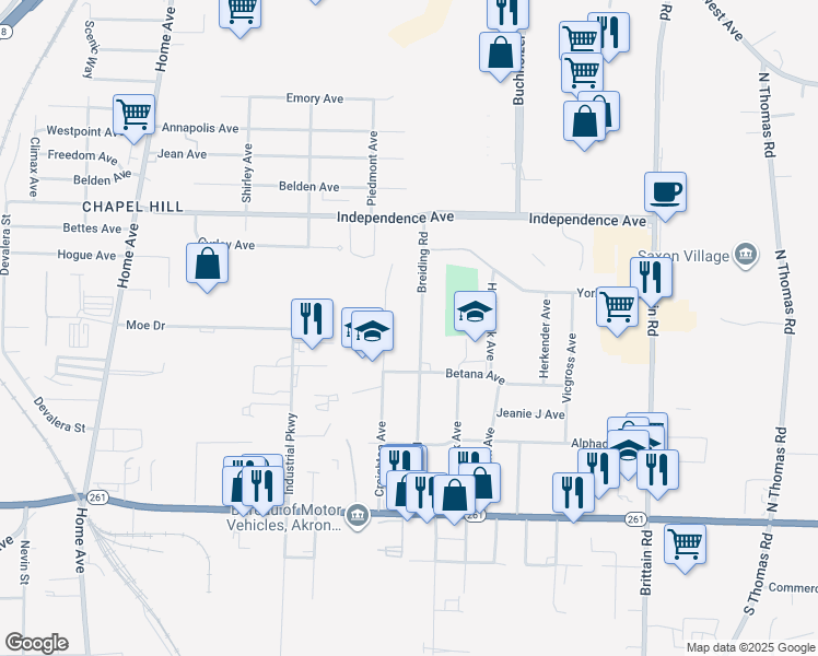 map of restaurants, bars, coffee shops, grocery stores, and more near 1600 Breiding Rd in Akron