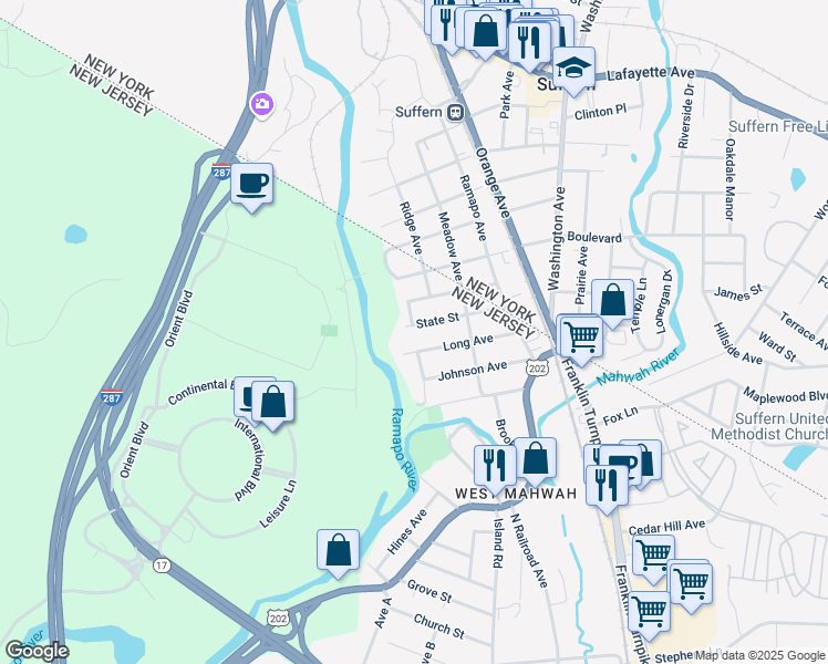 map of restaurants, bars, coffee shops, grocery stores, and more near 5 State Street in Mahwah