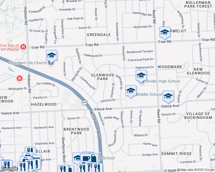 map of restaurants, bars, coffee shops, grocery stores, and more near 3324 Chancellor Dr in Fort Wayne