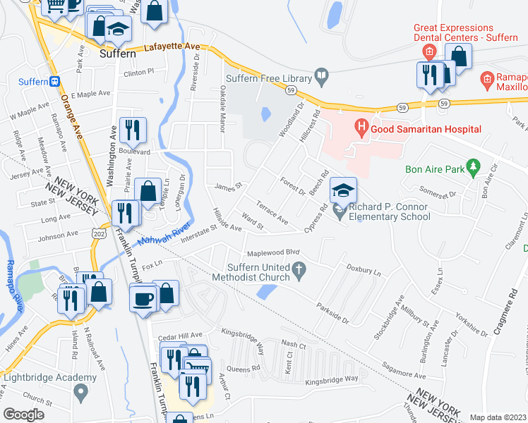 map of restaurants, bars, coffee shops, grocery stores, and more near 12 Terrace Avenue in Suffern