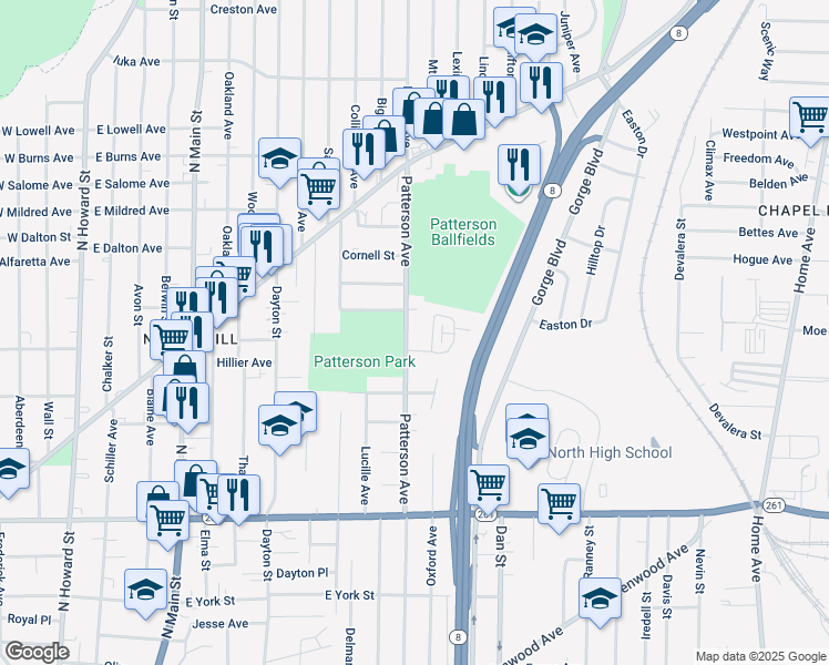 map of restaurants, bars, coffee shops, grocery stores, and more near 807 Patterson Avenue in Akron