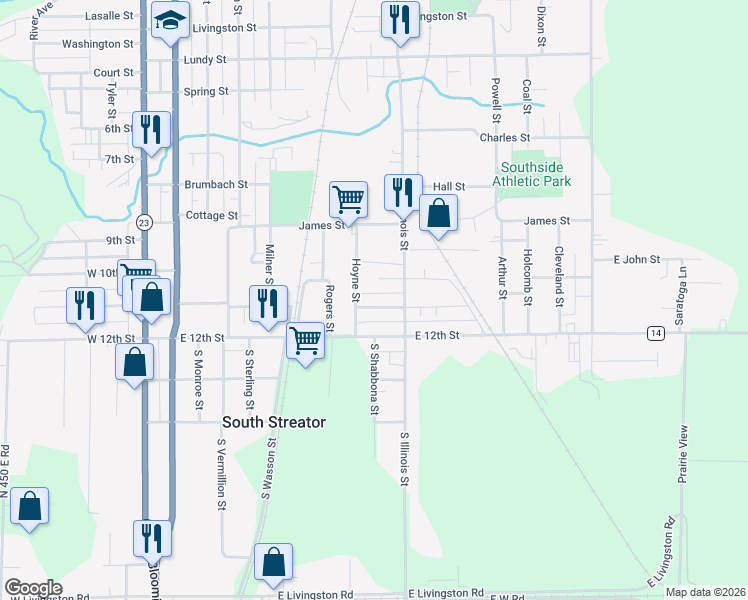 map of restaurants, bars, coffee shops, grocery stores, and more near 806 Cotton Street in Streator