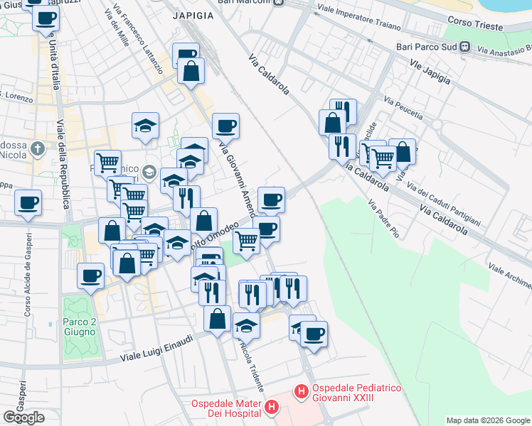 map of restaurants, bars, coffee shops, grocery stores, and more near 1 Strada Privata Stoppelli in Bari