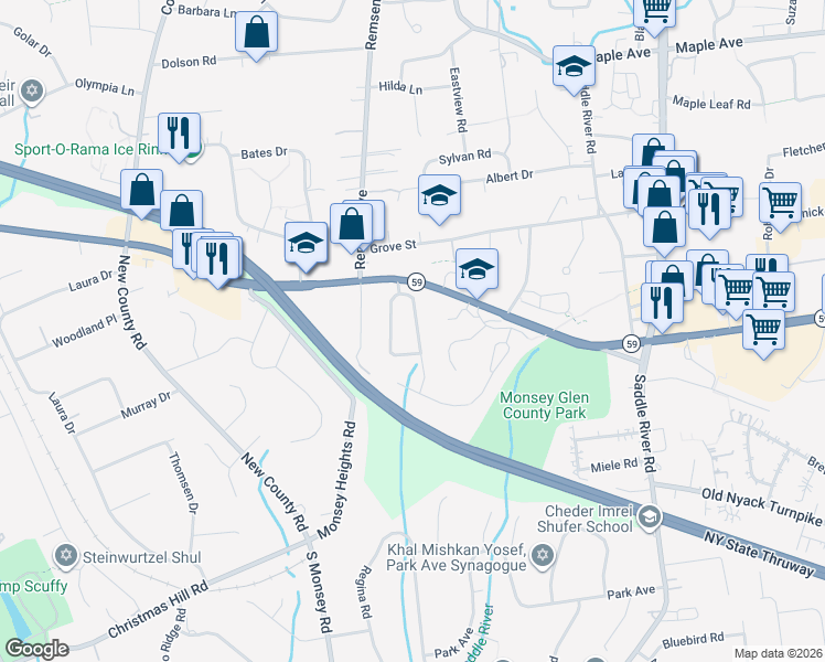 map of restaurants, bars, coffee shops, grocery stores, and more near 8 Roberts Road in Monsey