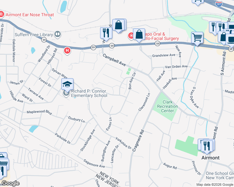 map of restaurants, bars, coffee shops, grocery stores, and more near 12 Milford Lane in Suffern
