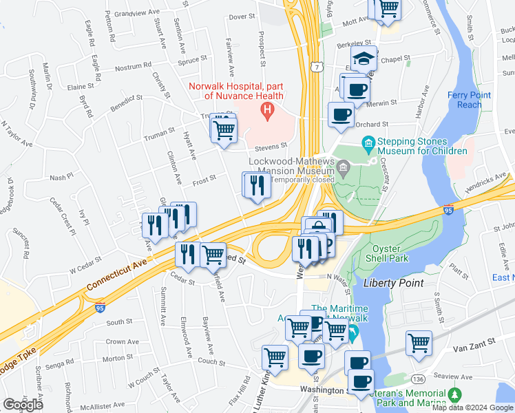 map of restaurants, bars, coffee shops, grocery stores, and more near in Norwalk