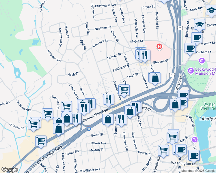 map of restaurants, bars, coffee shops, grocery stores, and more near 28 Ferris Avenue in Norwalk