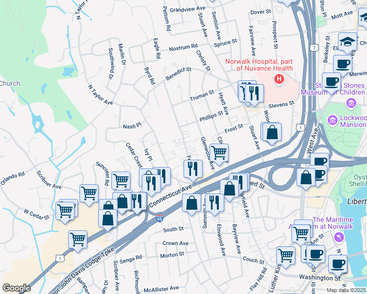 map of restaurants, bars, coffee shops, grocery stores, and more near 28 Ferris Avenue in Norwalk