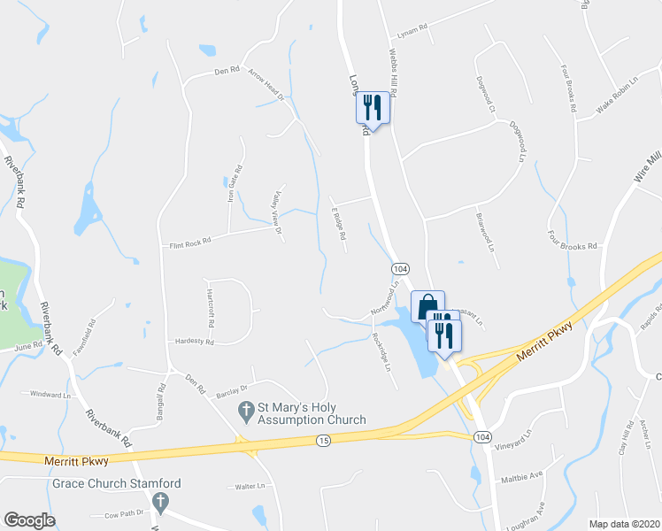 map of restaurants, bars, coffee shops, grocery stores, and more near 73 East Ridge Road in Stamford